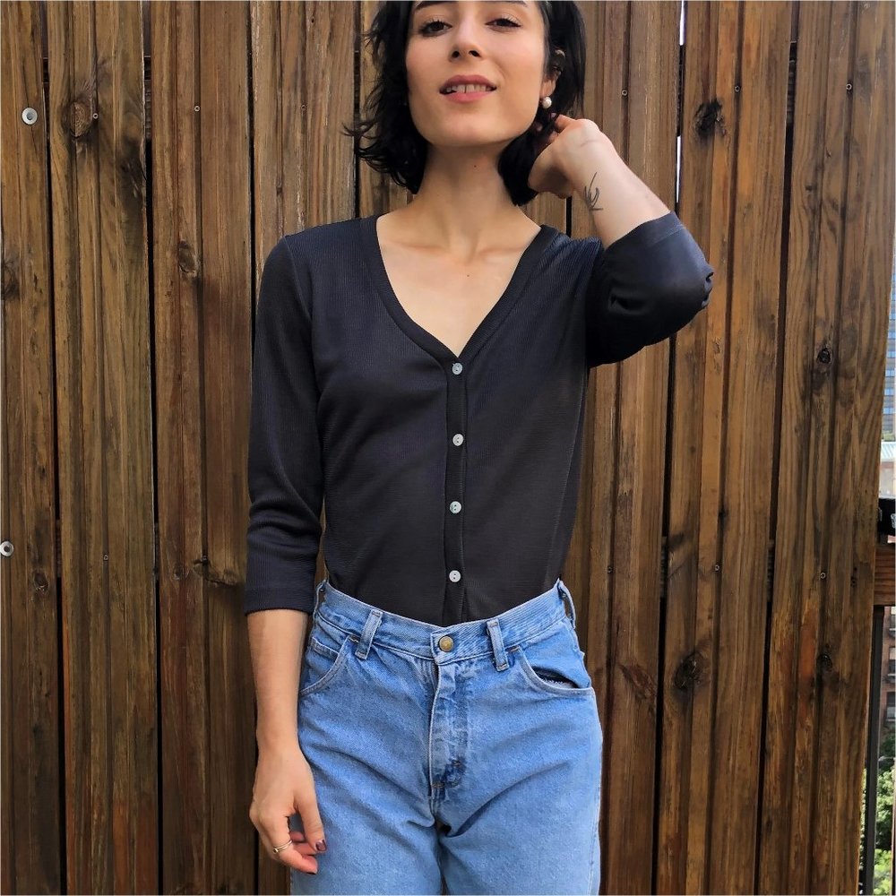 Vintage Sheer Grey Cardigan Shirt 3/4 Sleeves XS-S